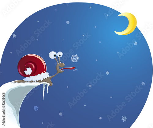 Snail catches a snowflake with its tongue