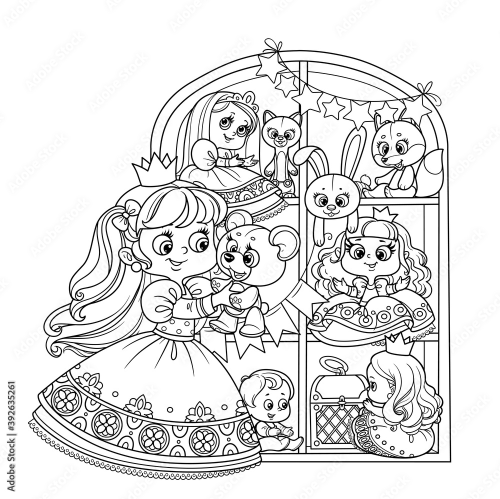 Cute blond princess playing with teddy bear near a wardrobe with toys outlined for coloring book