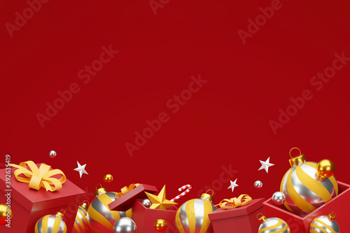 christmas and happy new year background with festive decoration and copy space. 3D illustration