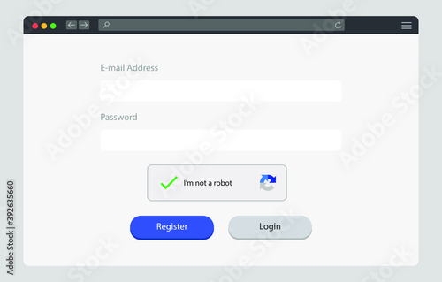 Website security register and login form. I am not a robot captcha. Internet safety concept. Vector illustration.