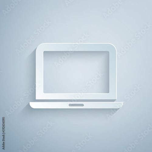 Paper cut Laptop icon isolated on grey background. Computer notebook with empty screen sign. Paper art style. Vector.