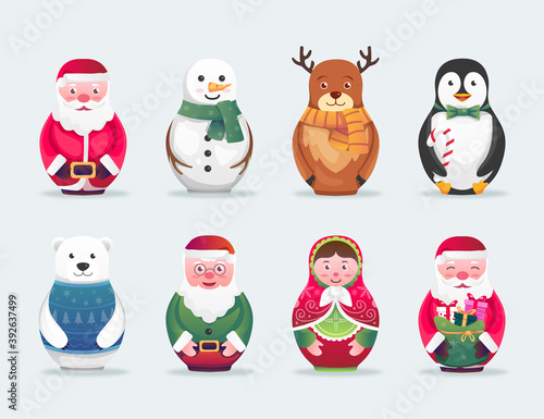 Christmas Matryoshka Cartoon Illustration Set