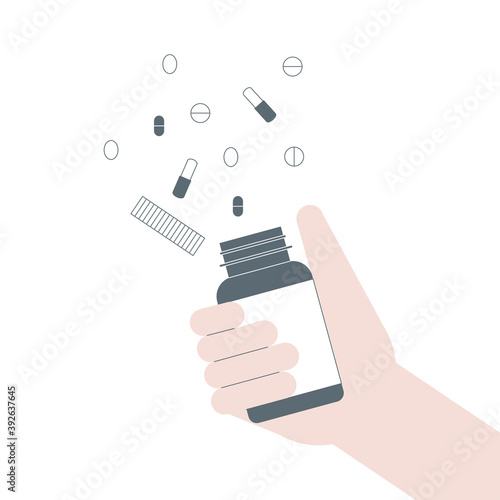 Supplements, vitamins and natural health products vector illustration. Bottle, pills and capsules in a palm of a hand