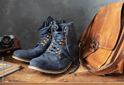 old travel vintage boots shoes and leather bag