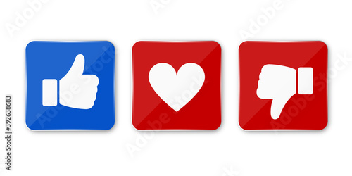 Thumb up, down and heart icon. Vector like, dislike and love icon. Ready like, dislike and love button for website and mobile app. Vector illustration.