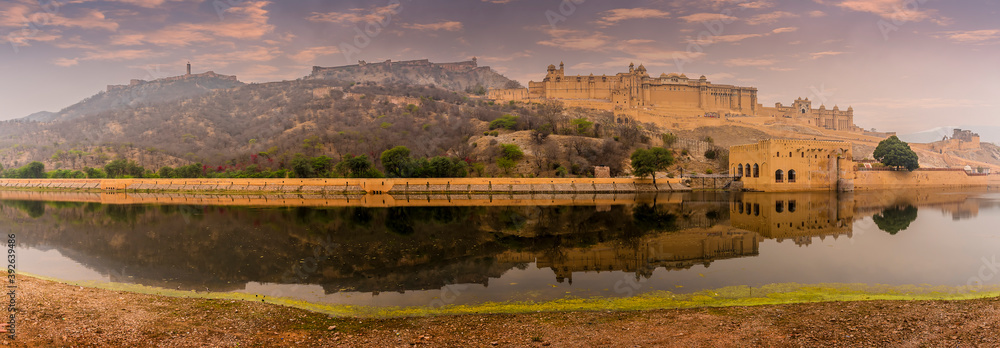 A panorama view across Maotha lake in Jaipur, Rajasthan, India