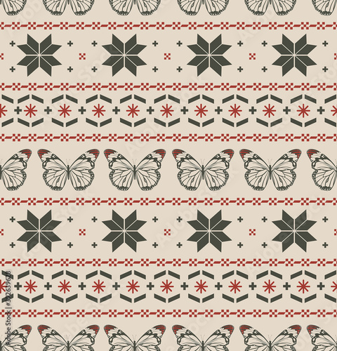 Christmas Seamless Pattern with butterfly. Christmas and New Year Design retro mood Background. Knitting Sweater Design