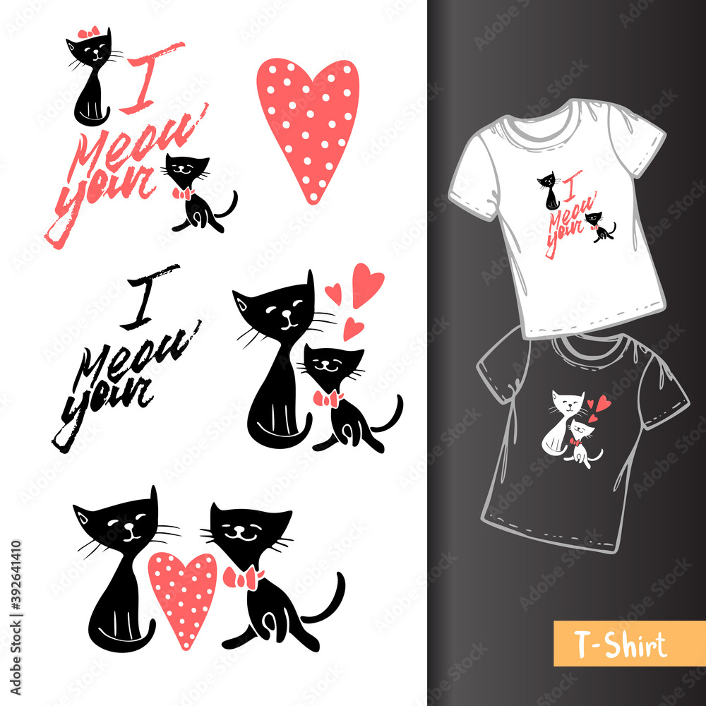 design t-shirt with two lovely cats and lettering I meow your, Vector illustration design t-shirt with two lovely cats and lettering I meow your, Vector illustration