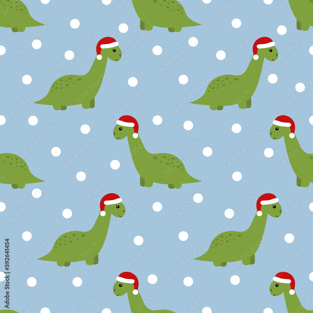 Obraz premium Seamless pattern with cute kawaii dinosaur. Vector illustration. 