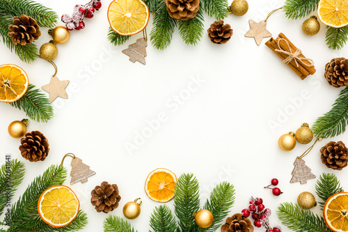 Fototapeta Naklejka Na Ścianę i Meble -  Spruce branch, cones and toys decoration on christmas or new year on white background .
