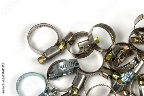 metal clamps on a white background to secure various products