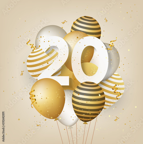 Happy 20th birthday with gold balloons greeting card background. 20 years anniversary. 20th celebrating with confetti. Vector stock	