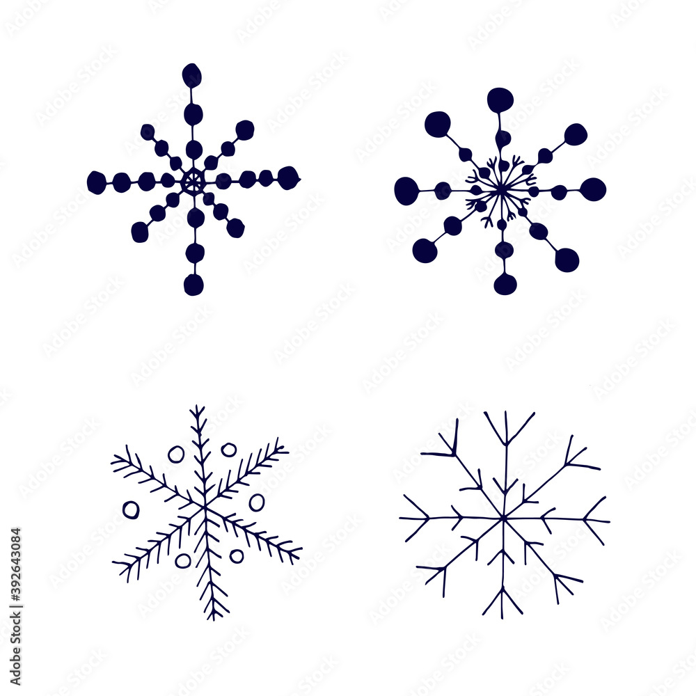 Set of contour doodle snowflakes isolated on white background. Seasonal winter icon Set of contour doodle snowflakes isolated on white background. Seasonal winter icon