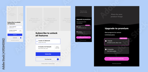 Price table concept. Pricing or subscription plan ui mobile application elements. Mobile app marketing or promotion interface template. Product comparison table.