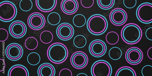 Abstract blue and purple circular neon light, black background, circle shape, dark minimal design with copy space, vector illustration