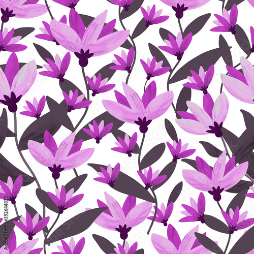 Seamless pattern with a floral pattern: pink and purple flowers on a white background.