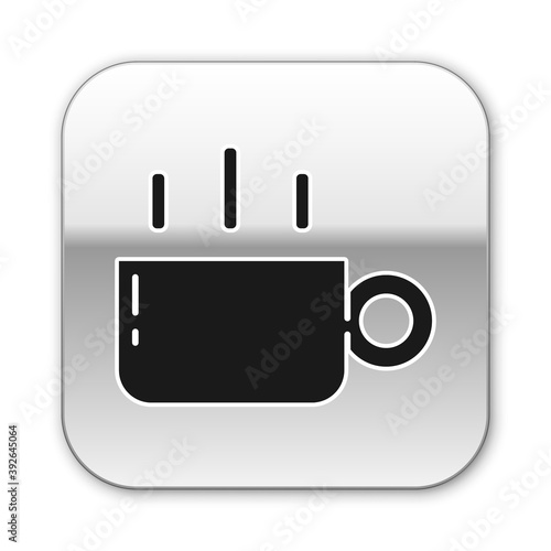 Black Coffee cup icon isolated on white background. Tea cup. Hot drink coffee. Silver square button. Vector.