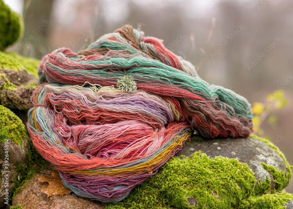 stones overgrown with green moss, colored wool yarn skeins, handicraft concept, hand knitting, autumn time, handicrafts stones overgrown with green moss, colored wool yarn skeins, handicraft concept, hand knitting, autumn time, handicrafts