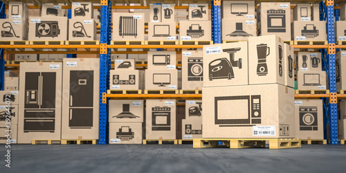 Warehouse with household appliances and kitchen electronics in cardboard boxes. Online purchase, shopping  and delivery concept. © Maksym Yemelyanov