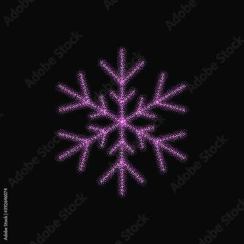 Glitter snowflake on black background for decorative design. Merry Christmas. Abstract glitter snowflake. Xmas celebration. Holiday texture. Template celebration. Christmas banner. Design element.