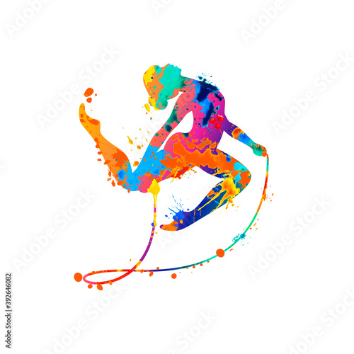 Rhythmic gymnastics girl with skipping rope. Dancer silhouette