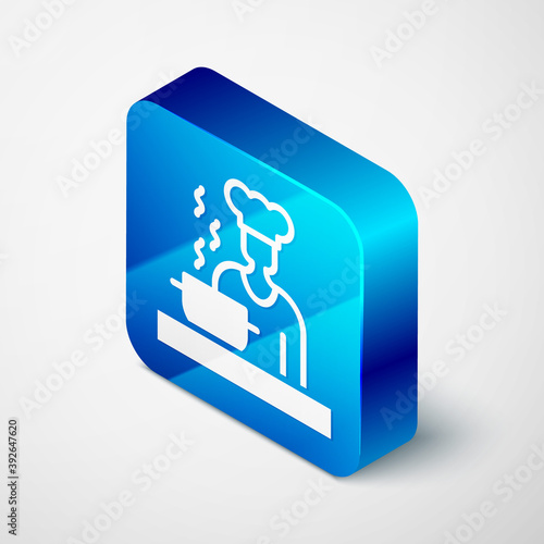 Isometric Spanish cook icon isolated on grey background. Blue square button. Vector.