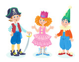 Children in carnival costumes - clown, princess and pirate. In cartoon style. Isolated on white background. Vector flat illustration.