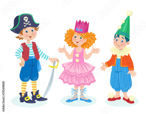 Children in carnival costumes - clown, princess and pirate. In cartoon style. Isolated on white background. Vector flat illustration.