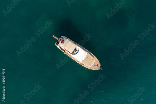 Sailboat in the sea in the evening sunlight over beautiful sea background, luxury summer adventure, active vacation in Mediterranean sea, Turkey
