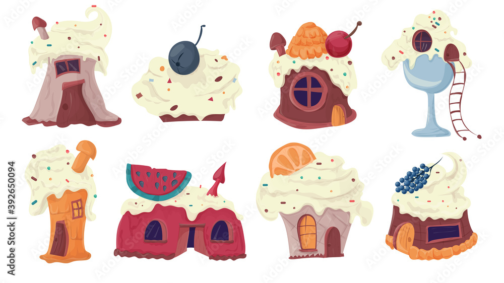 Set of cakes cupcakes in the form of houses flat vector illustration for design design