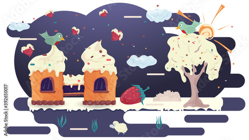 House castle waffle pastry with a bird on the roof on glazureva glade among the trees flat vector illustration for design decoration