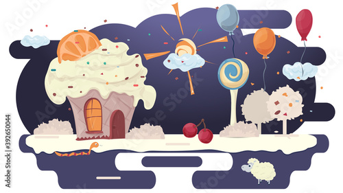 House cupcake cake with orange on the roof in a glade of icing among trees flowers and balloons flat vector illustration for design decoration