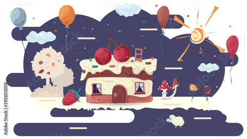 house cupcake pastry with two cherries on the roof on glazureva glade among trees and flowers flat vector illustration for design design