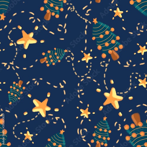 Christmas or Xmas day  seamless pattern with stars  Christmas tree  yellow light  firefly. Water color texture background .