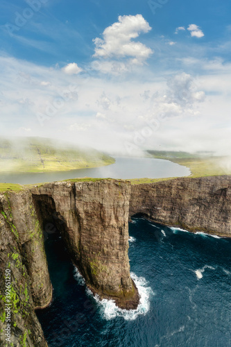 Leitisvatn Sorvagsvatn lake over the Atlantic Ocean, Faroe Islands photo