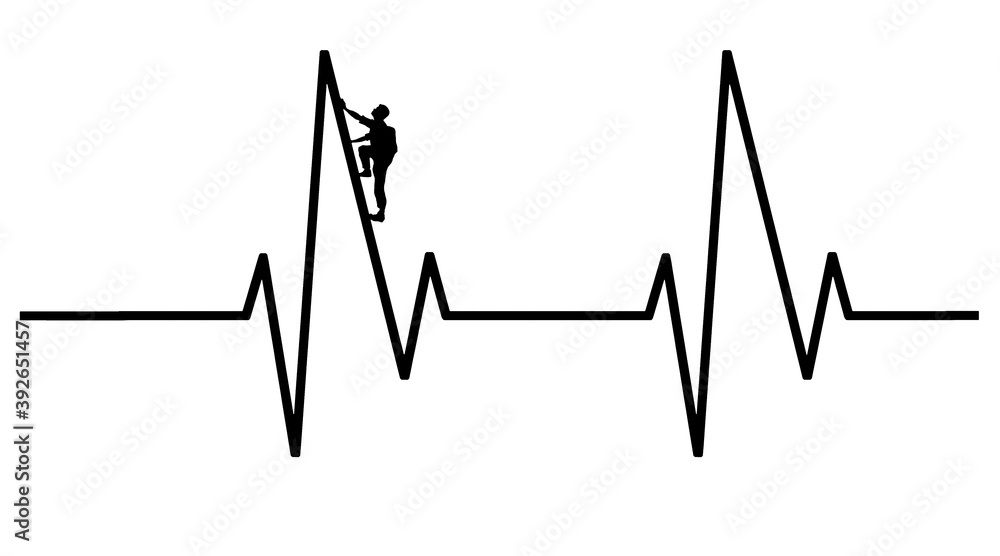 A rock climber is seen ascending a peak on a medical EKG chart to symbolize heart healthy exercise climbing provides. Isolated on white background.