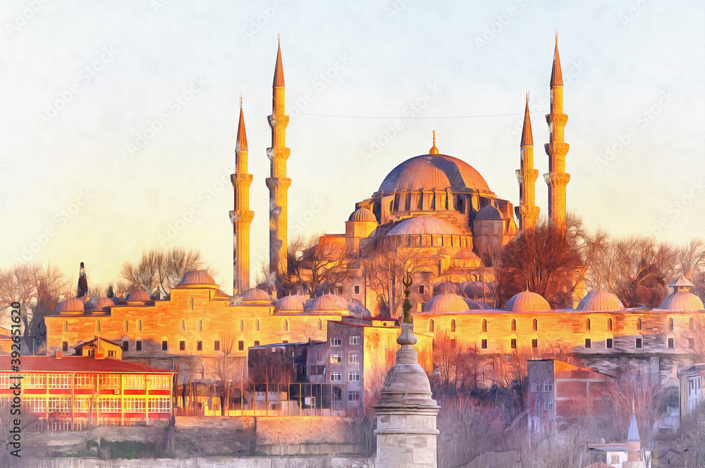 Obraz premium Beautiful view on Suleymaniye Mosque colorful painting looks like picture