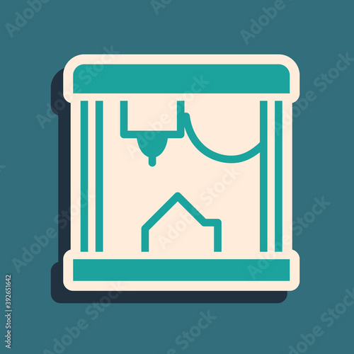 Green 3D printer icon isolated on green background. Long shadow style. Vector.