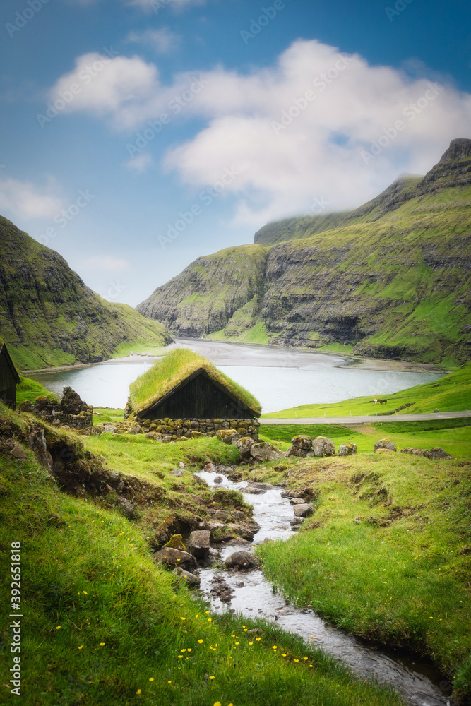 Saksun village, Faroe Islands. Turf Rooftop houses and landscape