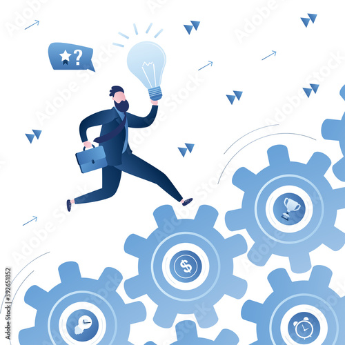 Businessman holds light bulb in hands and runs up gears. Way to success. Funny employee with new idea.