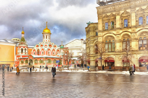 Beautiful view on Red square colorful painting looks like picture