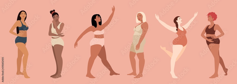 Multiracial women dressed in lingerie isolated characters. Happy girls. Body positive. Love your body. Vector cartoon flat illustration. Multiracial women dressed in lingerie isolated characters. Happy girls. Body positive. Love your body. Vector cartoon flat illustration.