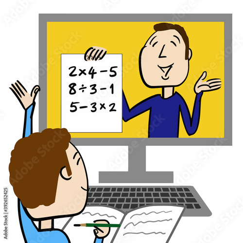 Child who is taking online lessons at home from maleteacher