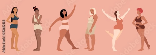 Multiracial women dressed in lingerie isolated characters. Happy girls. Body positive. Love your body. Vector cartoon flat illustration.