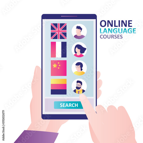 Hand holds mobile phone, selecting teacher to study language. Foreign language teachers questionnaires on screen. Online education,