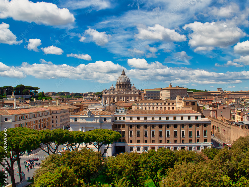 Rome, Italy - April 30, 2019 - View to the historic city of Rome and the St. Peter's Basilica