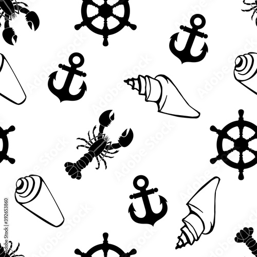texture of marine life with seashells, anchors, lobsters and fish. Vector seamless pattern with seafaring and nautical signs. 