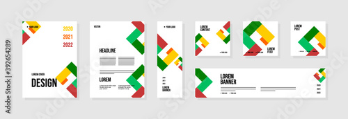 Set of abstract template layouts with creative shapes, suitable for business project events, flyers/leaflet, banner ads, brochure covers, identity, and social media posts. Vector backgrounds.
