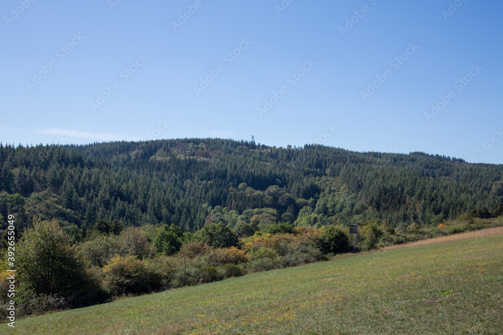 View of villages and heather, woods and grass landscapes in the surroundings of Arft, a municipality in  district of Mayen-Koblenz in Rhineland-Palatinate, Germany.