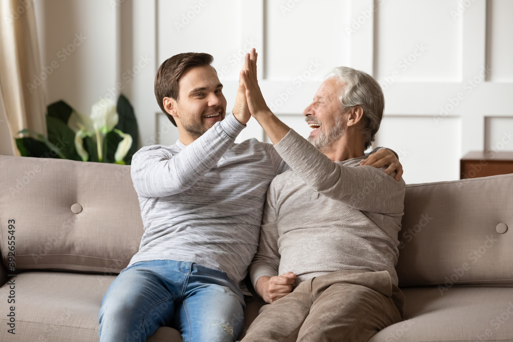 Overjoyed mature father and adult son giving high five, hugging, sitting on cozy couch at home, happy older grandfather and grandson enjoying leisure time together, celebrating win, two generations